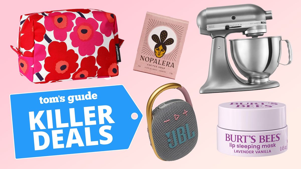 Silos of Marimekko comsetic bag, Nolapera body soap, KitchenAid mixer, JBL Clip 4, and Burt&#039;s Bees lip mask on pink background with Killer Deals badge