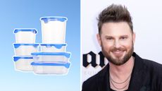 Stacked clear food storage containers on left with blue lids in image on left, Bobby Berk on right - he is a white main with brown hair and beard, in a black shirt