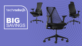 Herman Miller office chairs on a purple background next to a TechRadar badge reading 'Big Savings'