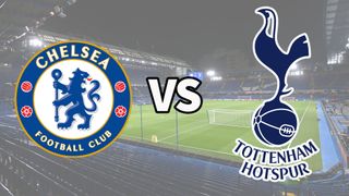 The Chelsea and Tottenham Hotspur club badges on top of a photo of Stamford Bridge in London, England