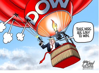 Political cartoon U.S. Trump trade war tariffs Dow Jones