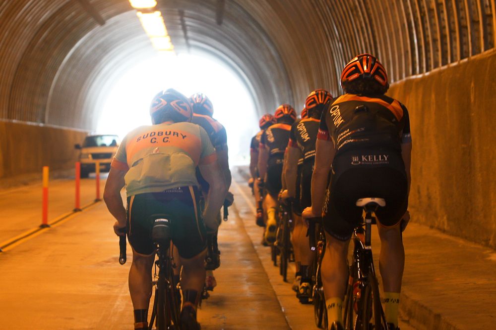 The team rides through a tunnel near Thousand Oaks.