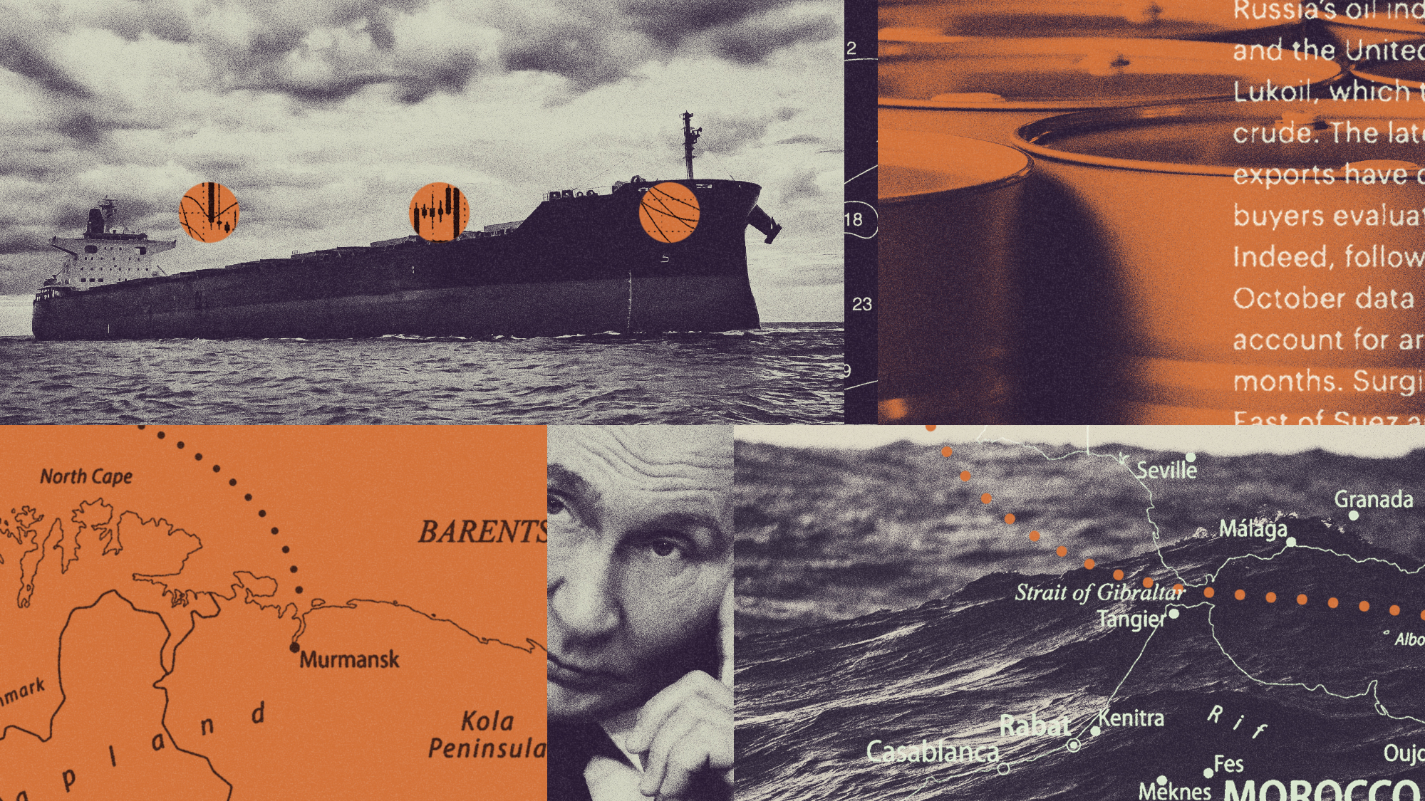 Photo composite illustration of Vladimir Putin, an oil tanker, barrels of crude oil and a map showing transport routes