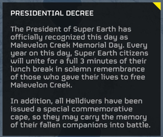 A screenshot showing the presidential decree to take 3 minutes of remembrance, in honour of the fallen Creek Crawlers of Helldivers 2.