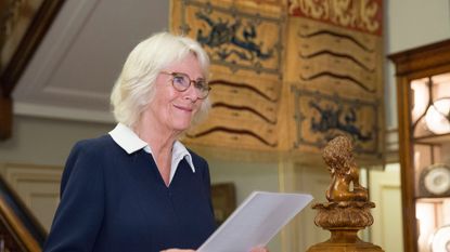 Duchess Camilla's kind words to Richard E. Grant —Camilla, Duchess of Cornwall speaks at a reception she hosted for 'The Duchess of Cornwall's Reading Room', a hub for literary communities around the world, which celebrates literature in all its forms on October 26, 2021 in London, England.