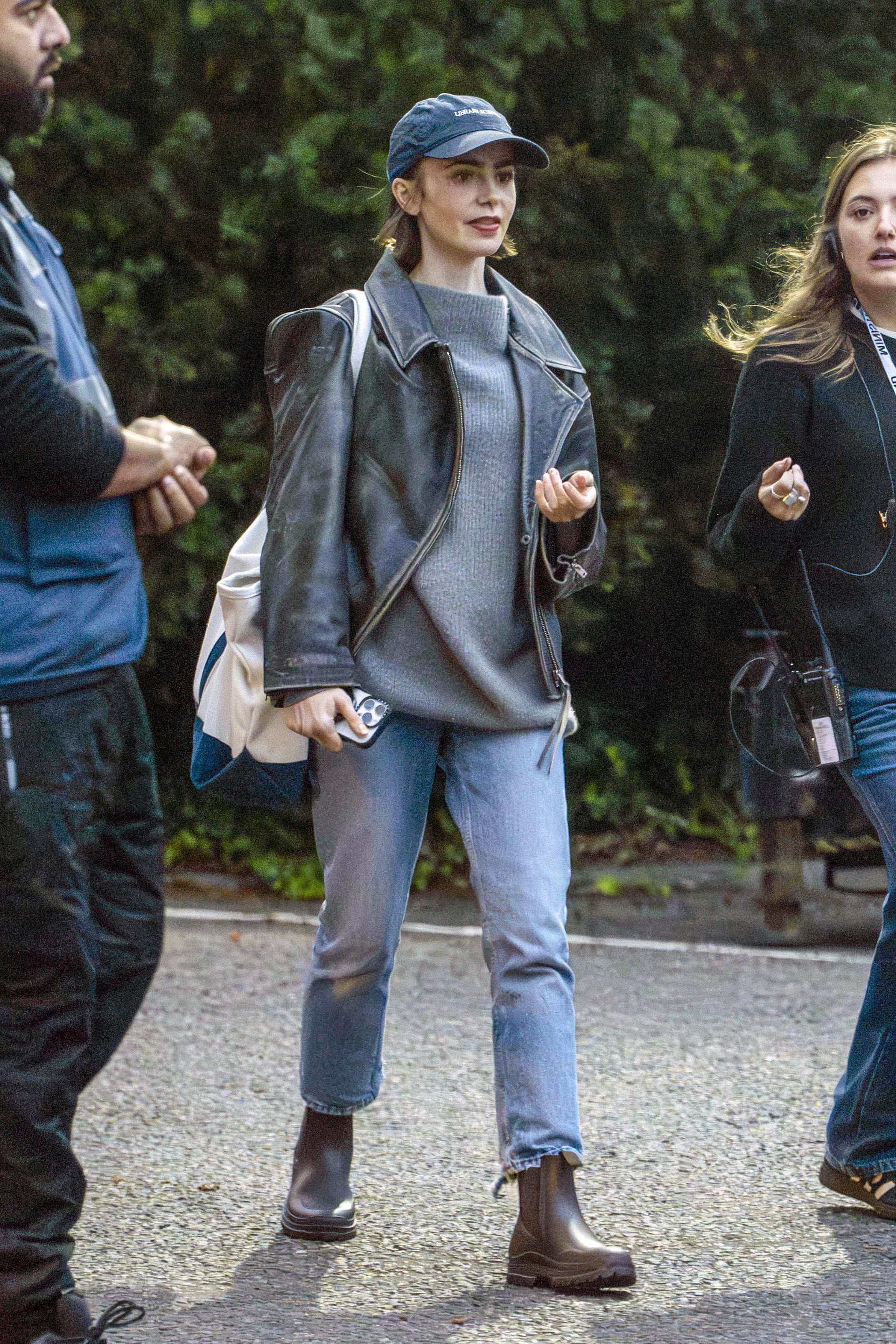 10/07/2025 Emily In Paris star Lily Collins and her co-stars are seen leaving a day of filming in Notting Hill for the upcoming Amazon MGM film called Close Personal Friends. Other cast members of the Film included Captain Marvel Actress Brie Larson &amp; Jack Quaid.
