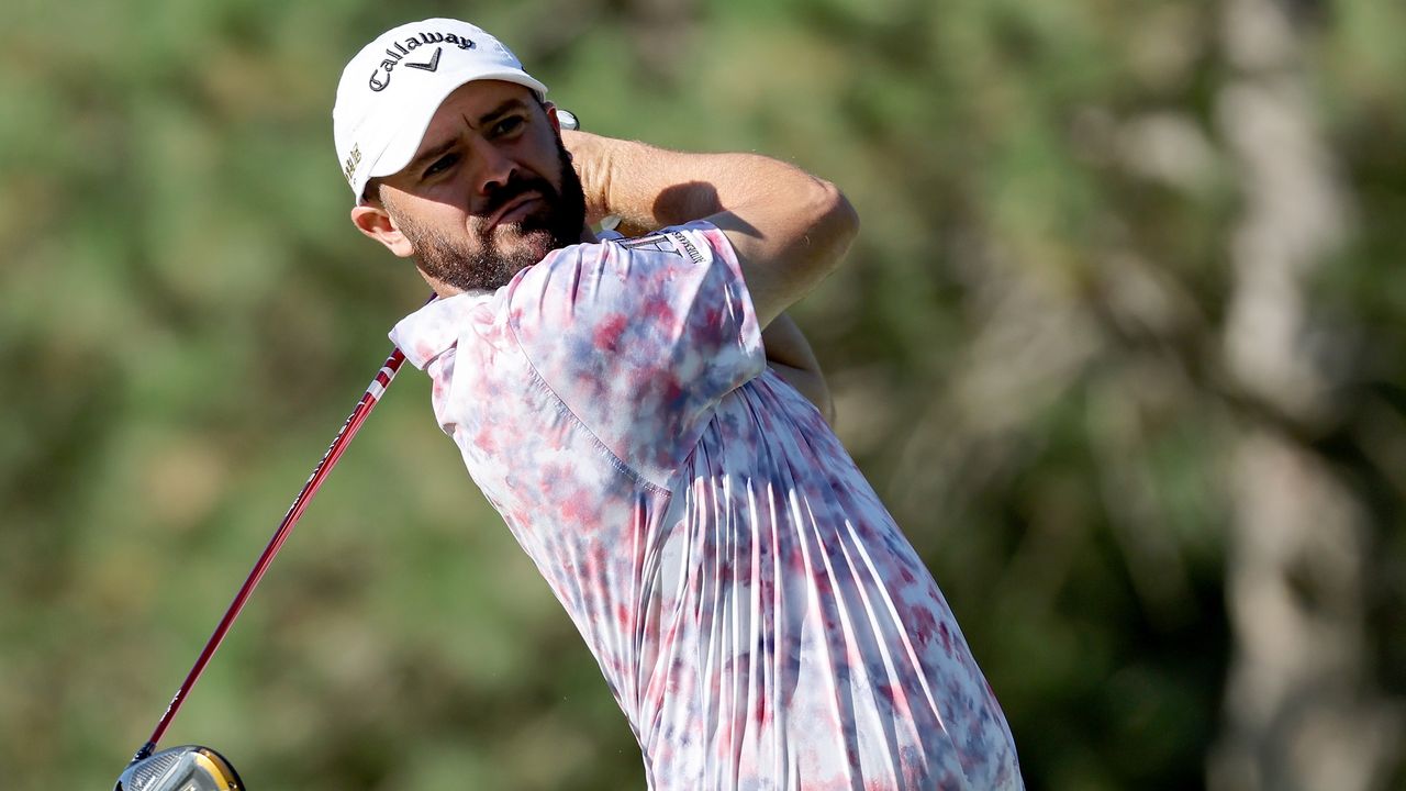 Wesley Bryan plays his shot from the second tee during the first round of the 2022 Nationwide Children&#039;s Hospital Championship