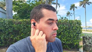 Sennheiser Accentum True Wireless worn by reviewer Alex Bracetti testing noise canceling