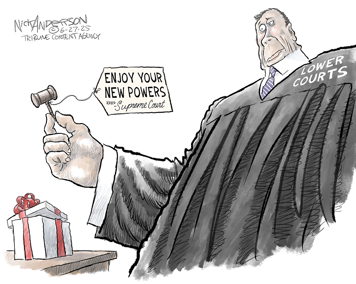 This cartoon is dominated by the image of a large judge labeled “Lower courts” holding a ridiculously tiny gavel. The gavel is a present from the Supreme Court and is labeled, “Enjoy your new powers XoXo Supreme Court.”
