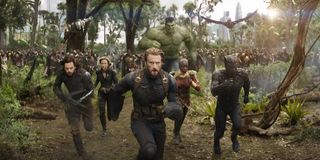 Avengers and Hulk charging into battle in Infinity War