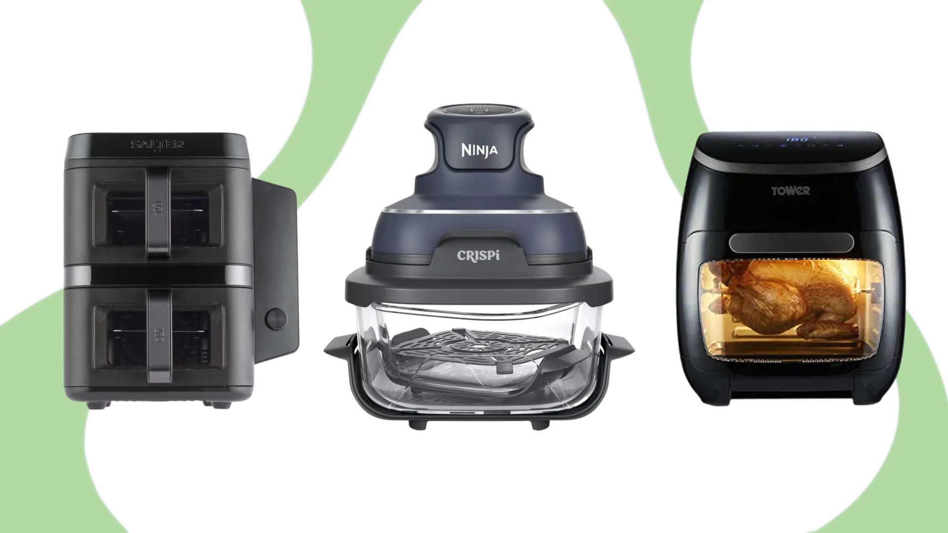 Best non-toxic air fryers the Tower XPress. Salter VertiCook View, and Ninja Crispi on a leafy green background