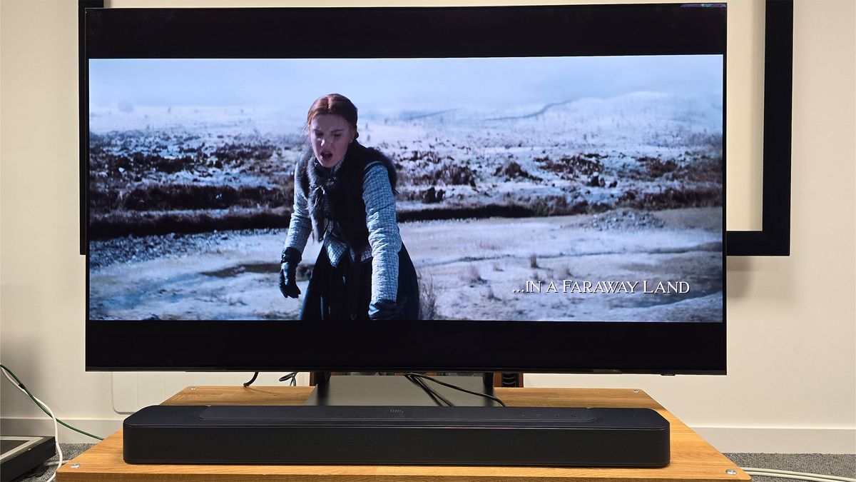 A picture of Damsel on Netflix on a TV screen – on-screen is a woman walking through a snowy landscape.