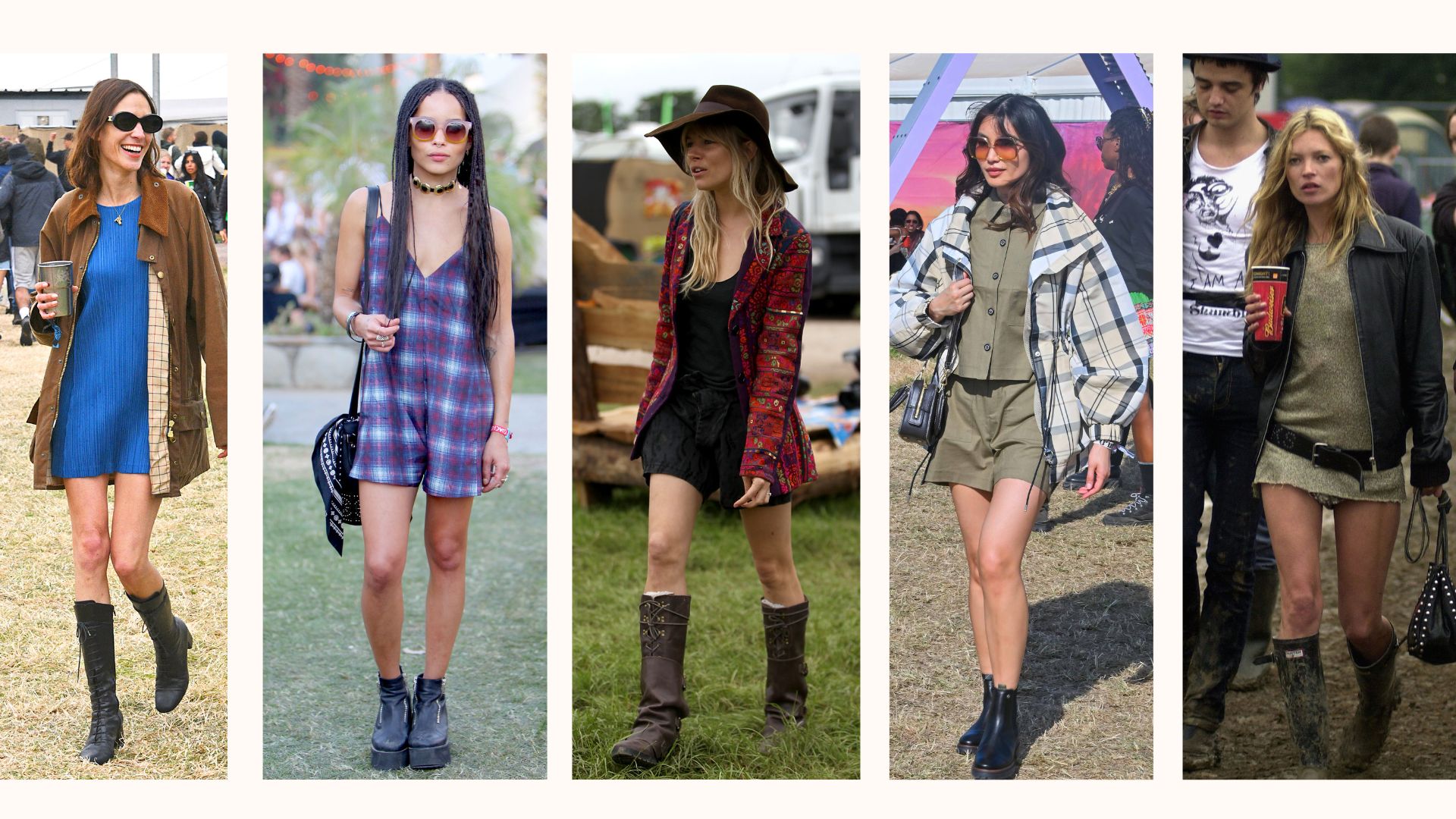 Comp image of some of the best celebrity festival style moments, (L-R), Alexa Chung, Zoe Kravitz, Sienna Miller, Gemma Chan and Kate Moss