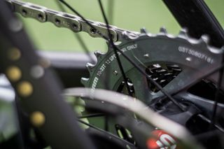 Detail of SRAM 12-speed cassette fitted to Jonas Vingegaard's Cervelo S5 race bike