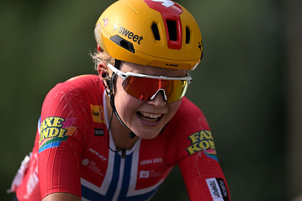 POLIGNY, FRANCE - AUGUST 03: Sigrid Ytterhus Haugset of Norway and Team Uno-X Mobility celebrates at finish line as stage winner during the 5th Tour de France Femmes 2026 - Stage 3 a 156.5km stage from Geneva to Poligny / #UCIWWT / on August 03, 2026 in Poligny, France. (Photo by Tim de Waele/Getty Images)