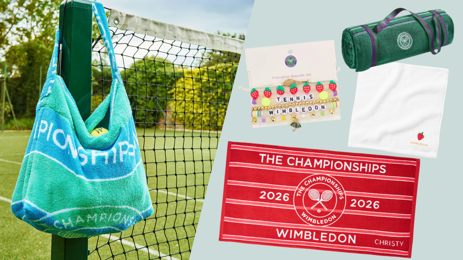 A collage of cutout images of items on sale in The Wimbledon Shop in 2026 alongside a lifestyle shot of the Upcycled Tote Bag from the Christy Heirloom Collection