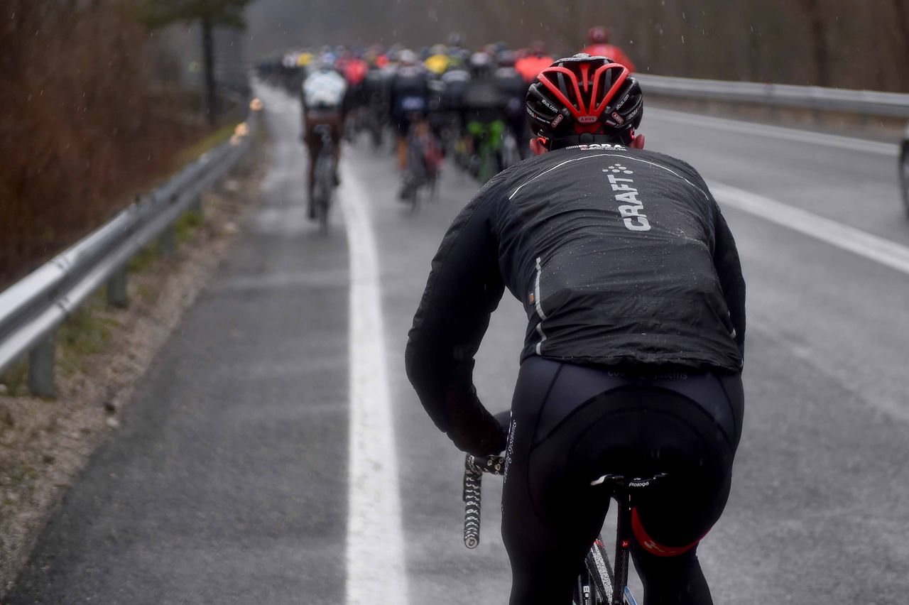 A Bora-Argon 18 rider at the back of the peloton