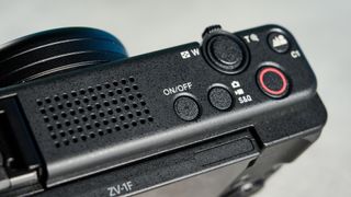 A black Sony ZV-1F compact vlogging camera