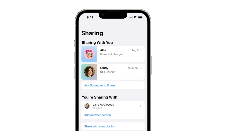 An image of the data sharing screen in Apple Health