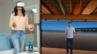 Woman using Meta Quest 2 VR headset next to Kokomo immersive call screenshot