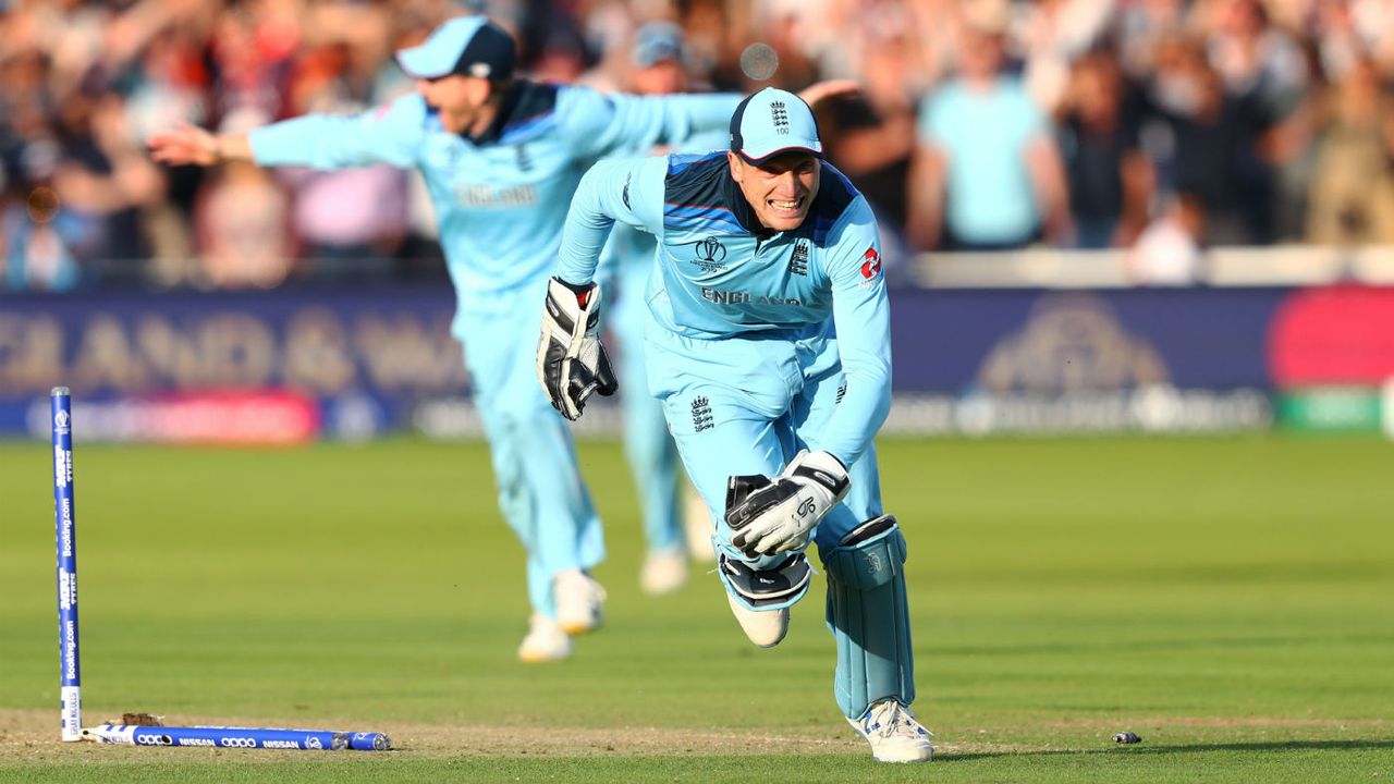 Jos Buttler celebrates England’s win over New Zealand in the Cricket World Cup final at Lord’s 