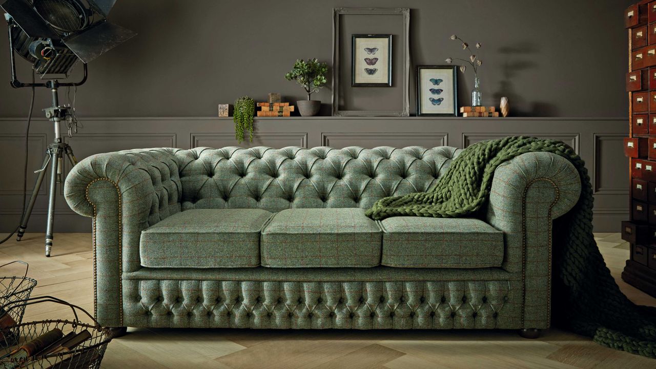 Sofas by Saxon Chesterfield three-seater sofa in Harris Tweed Mountain Bracken