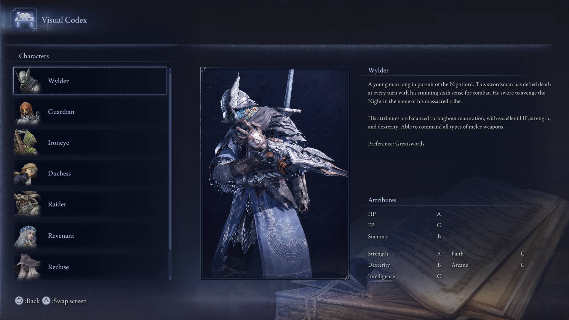 Elden Ring Nightreign characters Wylder visual codex page with stats