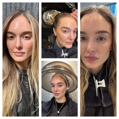 hannah baxter getting her hair done in a four part collage