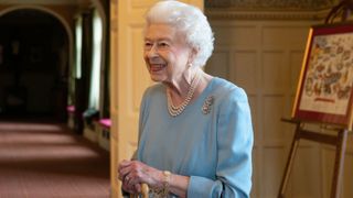 Britain's Queen Elizabeth II celebrates the start of the Platinum Jubilee at a reception in the Ballroom of Sandringham House, the Queen's Norfolk residence on February 5, 2022
