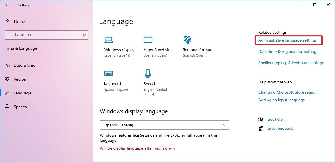 Administrative Language Settings Option