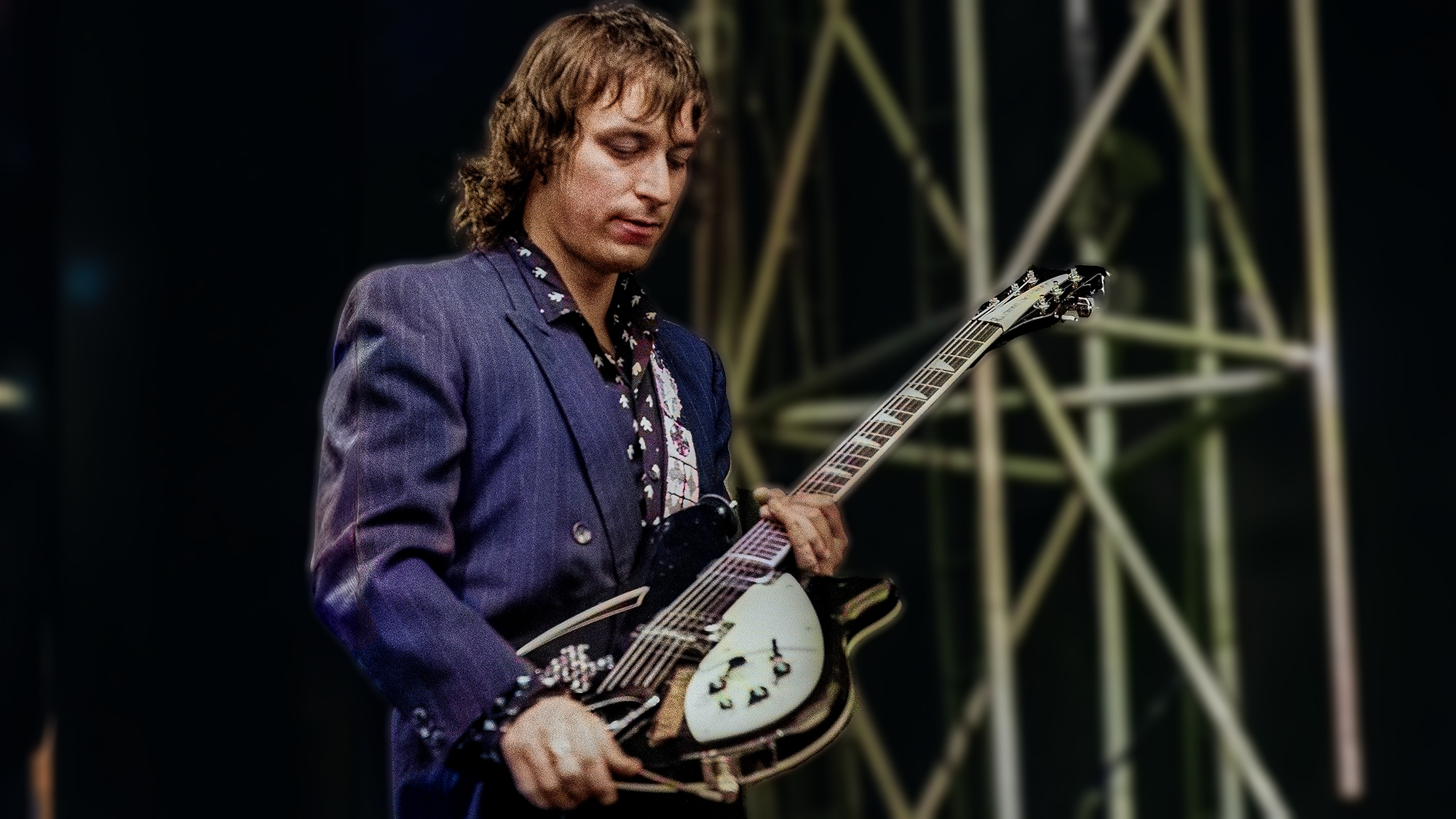 REM, Petert Buck performs on stage with a Rickenbacker 360 guitar, Torhout, Belgium, 1st July 1989.