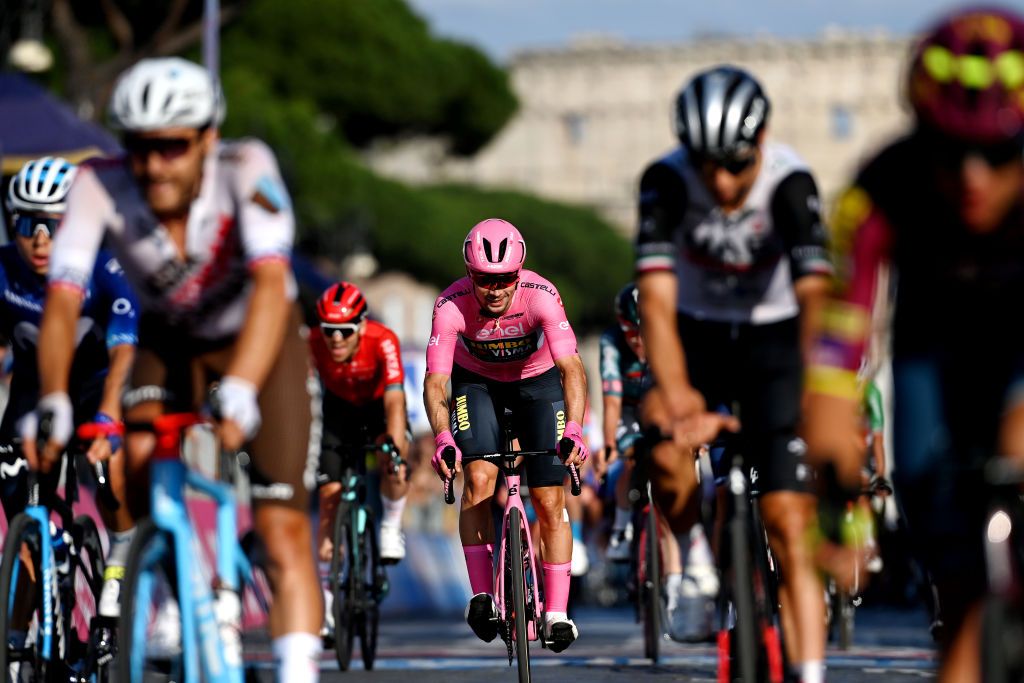 ROME ITALY MAY 28 Primo Rogli of Slovenia and Team JumboVisma Pink Leader Jersey celebrates at finish line as overall race winner during the 106th Giro dItalia 2023 Stage 21 a 126km stage from Rome to Rome UCIWT on May 28 2023 in Rome Italy Photo by Tim de WaeleGetty Images