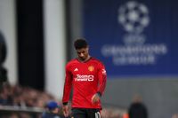 Marcus Rashford of Manchester United reacts after being shown a red card during the UEFA Champions League match between F.C. Copenhagen and Manchester United at Parken Stadium on November 08, 2023 in Copenhagen, Denmark.