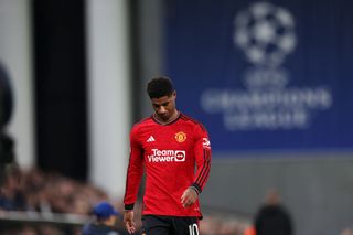 Marcus Rashford of Manchester United reacts after being shown a red card during the UEFA Champions League match between F.C. Copenhagen and Manchester United at Parken Stadium on November 08, 2023 in Copenhagen, Denmark.