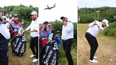 Shane Lowry speaking to a rules official and hitting a shot after a ruling at The Open