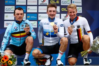 Yves Lampaert, Elia Viviani and Pascal Ackermann on the podium