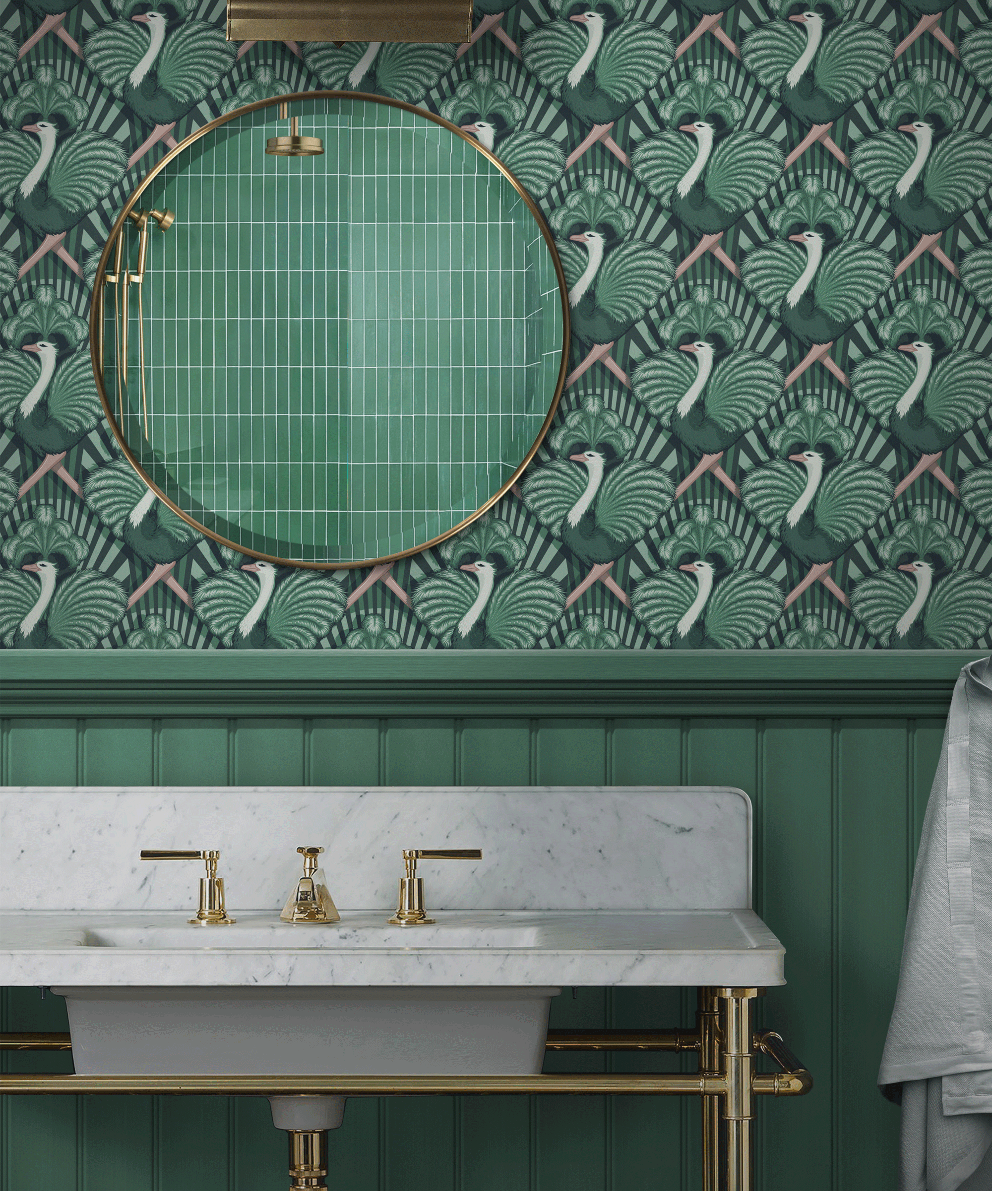 An example of bathroom wall ideas showing a bathroom with a marble sink in front of green peacock wallpaper