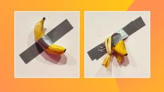 Two photos of the same banana taped to a wall, but one of them is half eaten. The background is a vibrant yellow behind the images. 