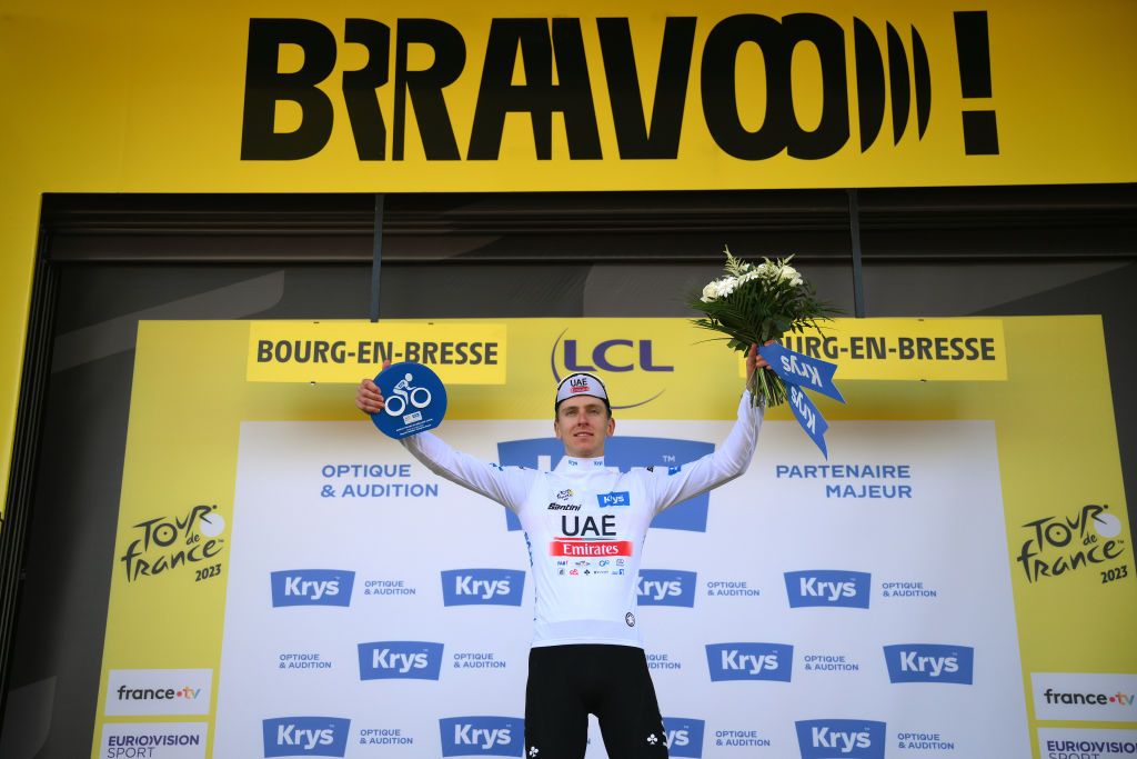 BOURGENBRESSE FRANCE JULY 20 Tadej Pogacar of Slovenia and UAE Team Emirates celebrates at podium as White best young jersey winner during the stage eighteen of the 110th Tour de France 2023 a 1849km stage from Motiers to BourgenBresse UCIWT on July 20 2023 in BourgenBresse France Photo by David RamosGetty Images