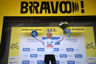 BOURGENBRESSE FRANCE JULY 20 Tadej Pogacar of Slovenia and UAE Team Emirates celebrates at podium as White best young jersey winner during the stage eighteen of the 110th Tour de France 2023 a 1849km stage from Motiers to BourgenBresse UCIWT on July 20 2023 in BourgenBresse France Photo by David RamosGetty Images