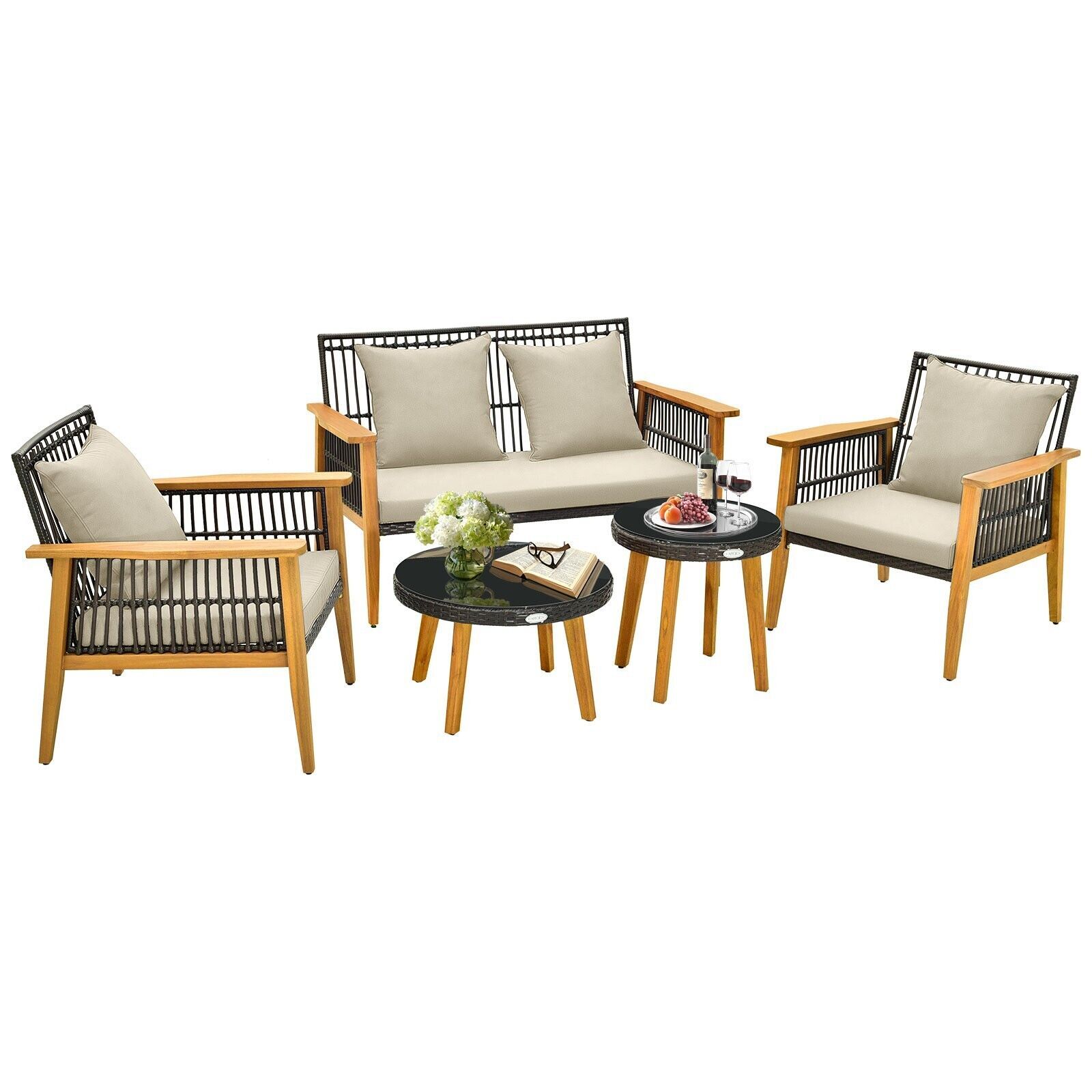 5 Piece Outdoor Conversation Set Rattan Woven Chair Set With 2 Coffee Tables