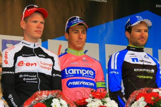 Jasha S&uuml;tterlin (Th&uuml;ringer Energie Team), Adriano Malori (Lampre-Merida) and Jan Barta (NetApp-Endura) filled the top three spots
