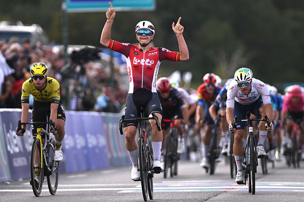 PLOUAY, FRANCE - AUGUST 31: Arnaud De Lie of Belgium and Team Lotto celebrates at finish line as race winner during the 89th Bretagne Classic - Ouest-France 2025 a 261.7km stage from Plouay to Plouay / #UCIWT / on August 31, 2025 in Plouay, France. (Photo by Luc Claessen/Getty Images)