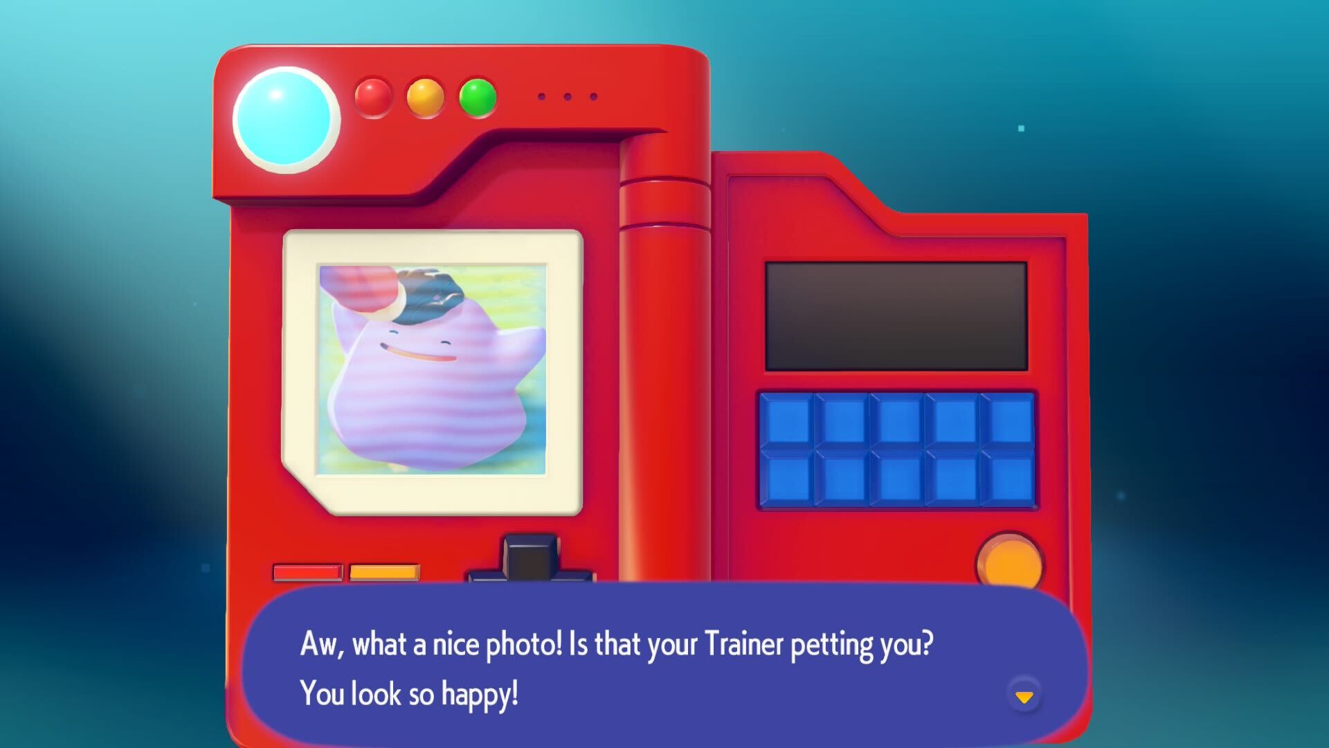 In Pokemon Pokopia, a Pokedex shows Ditto being petted on the head by their trainer, with the text bubble reading: "Aw, what a nice photo! Is that your trainer petting you? You look so happy!"