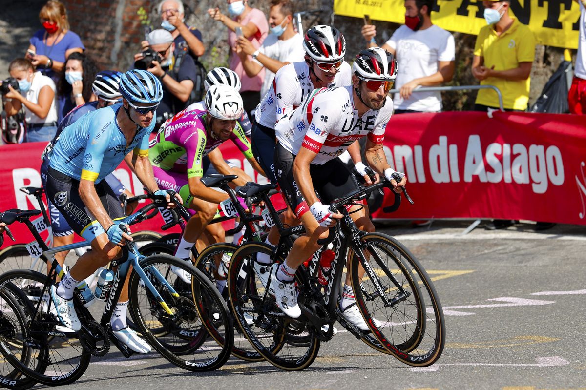 Giro dell Emilia 2020 103rd Edition Casalecchio di Reno San Luca 1997 km 18082020 Diego Ulissi ITA UAE Team Emirates Jakob Fuglsang DEN Astana Pro Team photo Luca BettiniBettiniPhoto2020