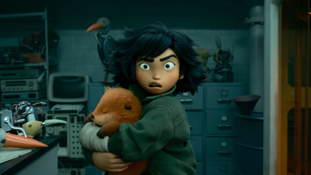 Mabel holding robot in Hoppers