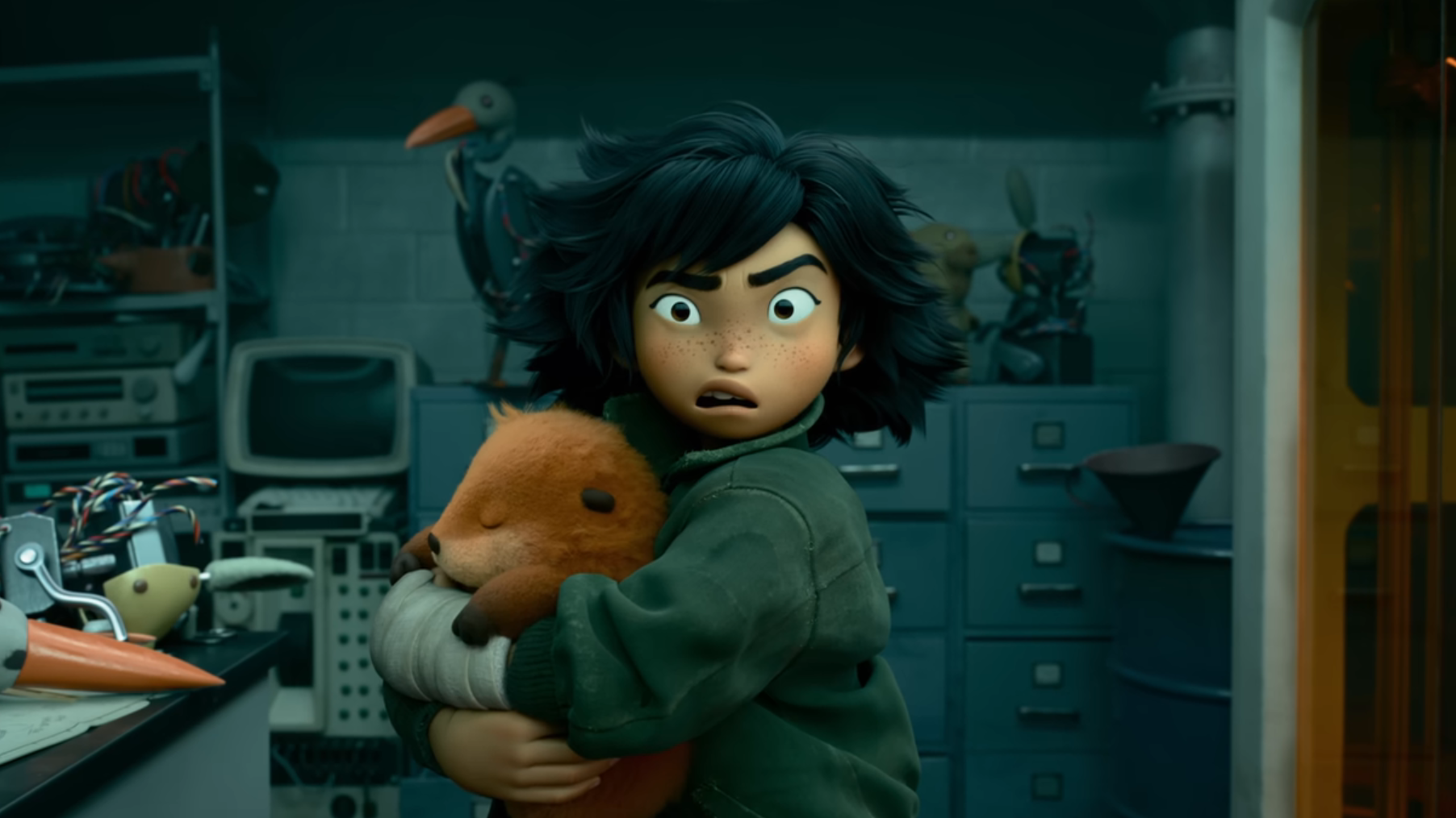 Mabel holding robot in Hoppers