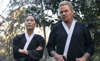 Alicia Hannah-Kim as Kim Da-Eun, Martin Kove as John Kreese in Cobra Kai