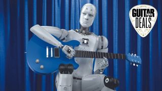 Robot plays a blue guitar