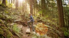 a forest scene with a woman climbing steps in the middle sideways to the camera. there's sunlight coming through the trees behind her. 